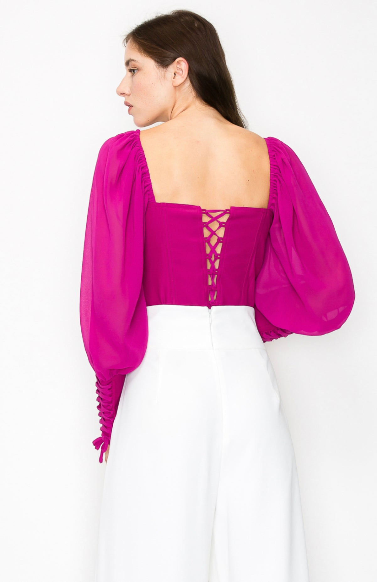 Long Puff Sleeve Sweetheart Neck Bustier Blouse