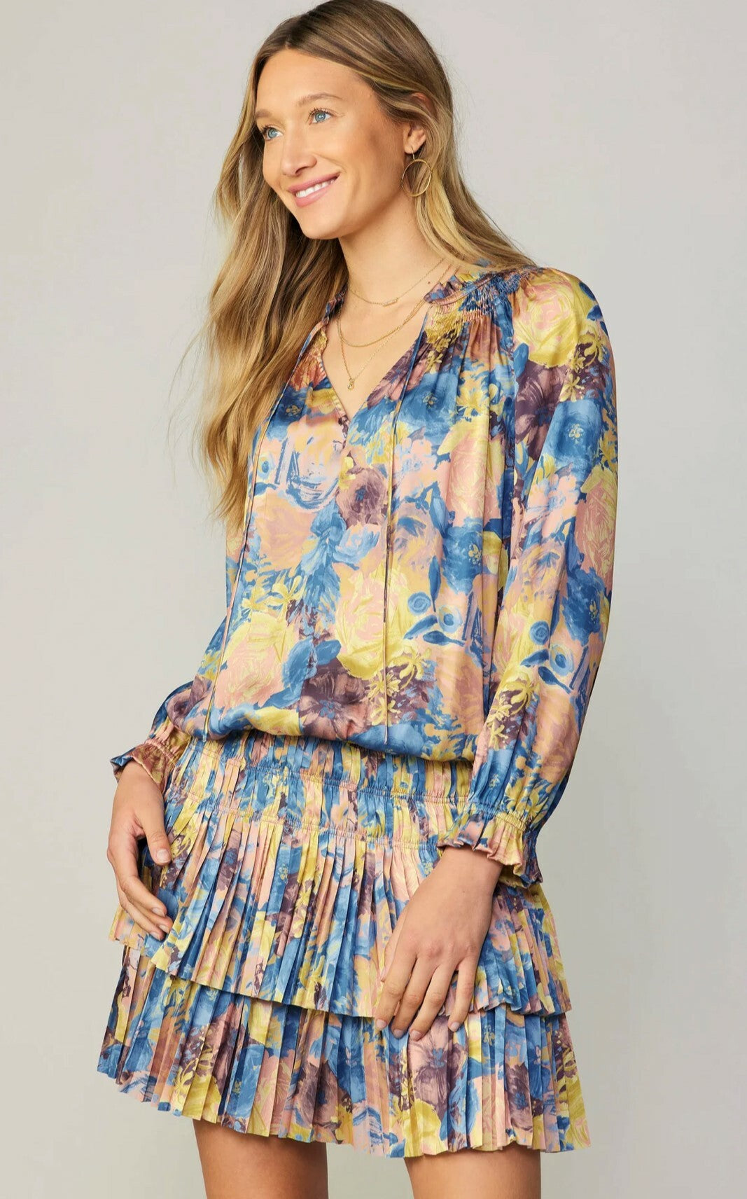 Blue Floral Pleated Mini Dress