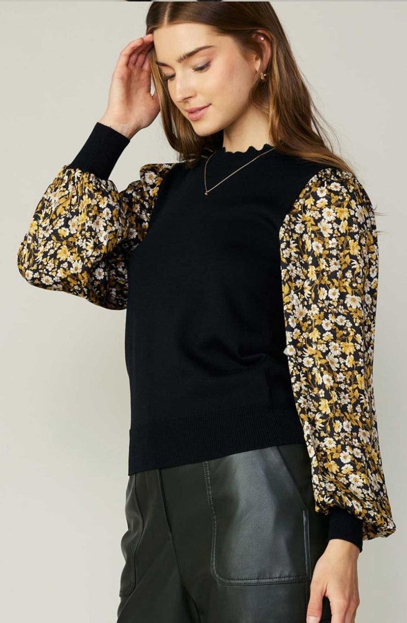 Black Floral Contrast Sweater Top