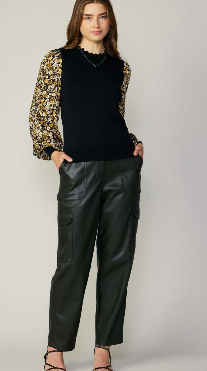 Black Floral Contrast Sweater Top