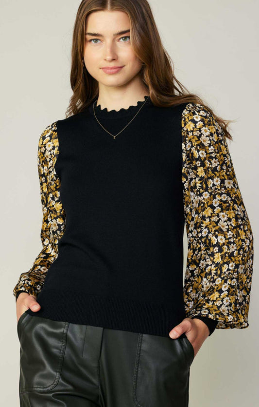 Black Floral Contrast Sweater Top