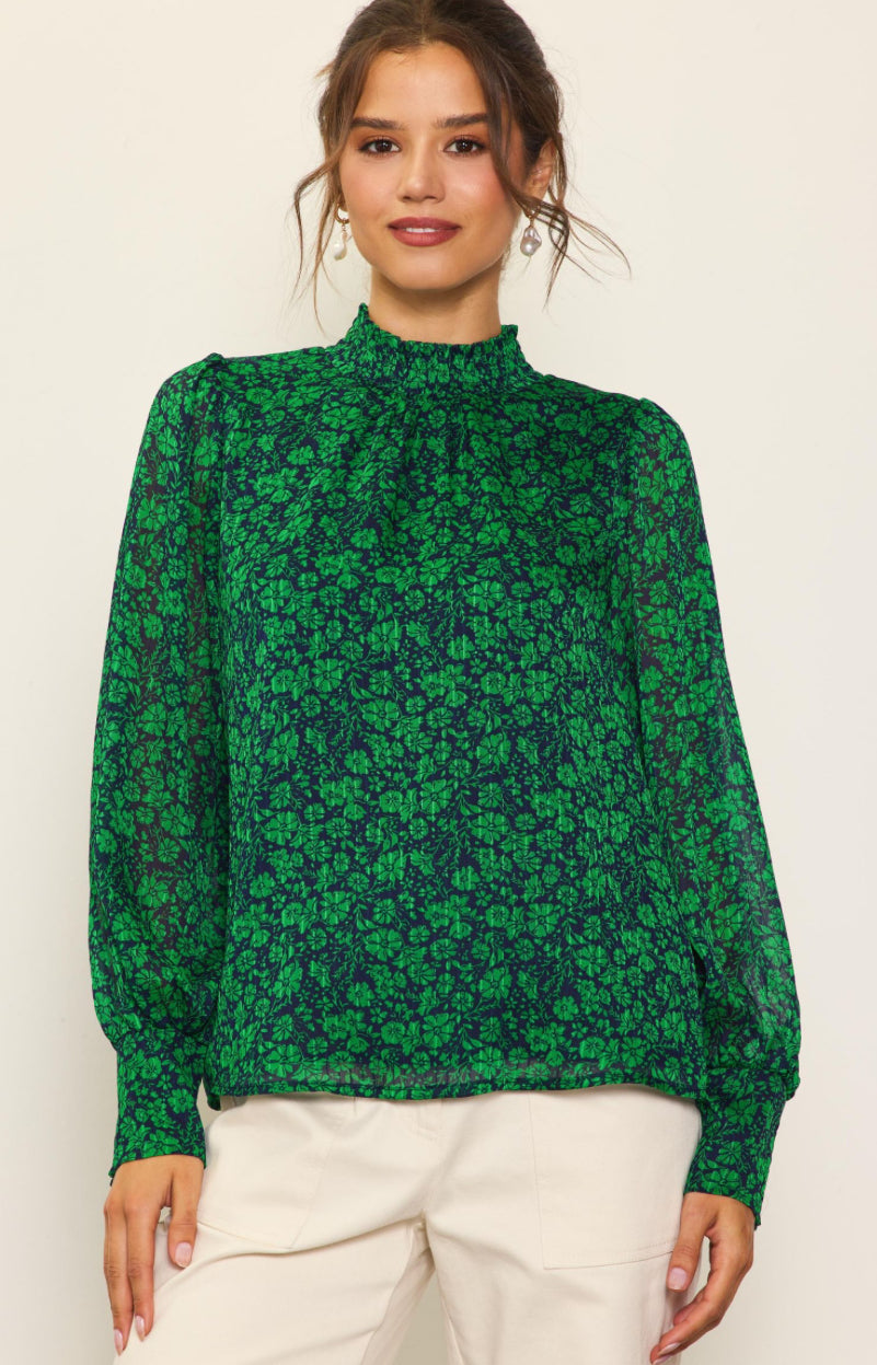 Mock Neck Printed Long Sleeve Spearmint Navy