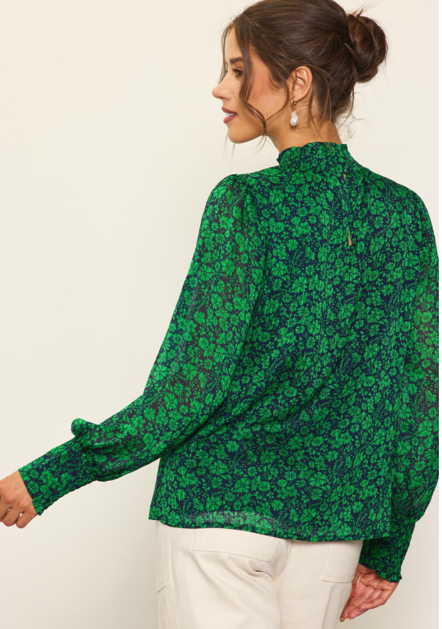 Mock Neck Printed Long Sleeve Spearmint Navy