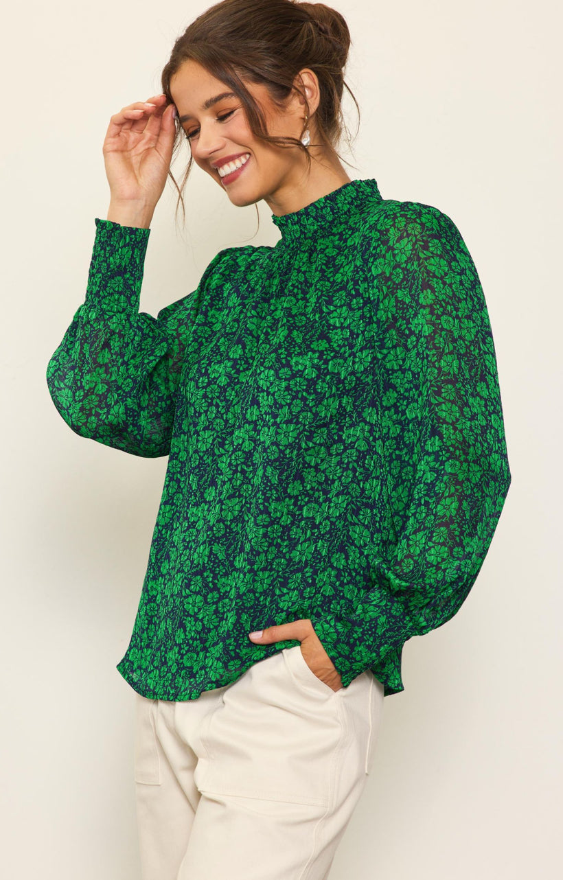 Mock Neck Printed Long Sleeve Spearmint Navy